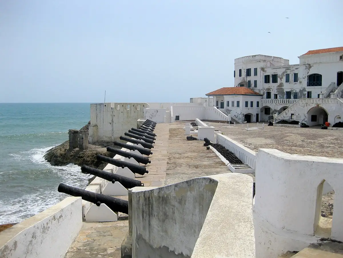 Historic cannons facing the Atlantic at Cape Coast Castle