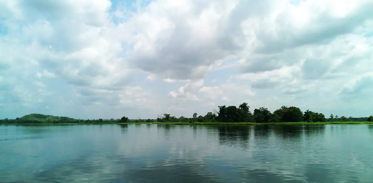 Clouds reflected on Volta Lake at Senchi